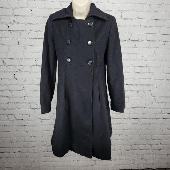 Via Black 100% Wool Double Breasted Buttoned Lined Pockets Long Pea Coat Small S - Picture 1 of 12